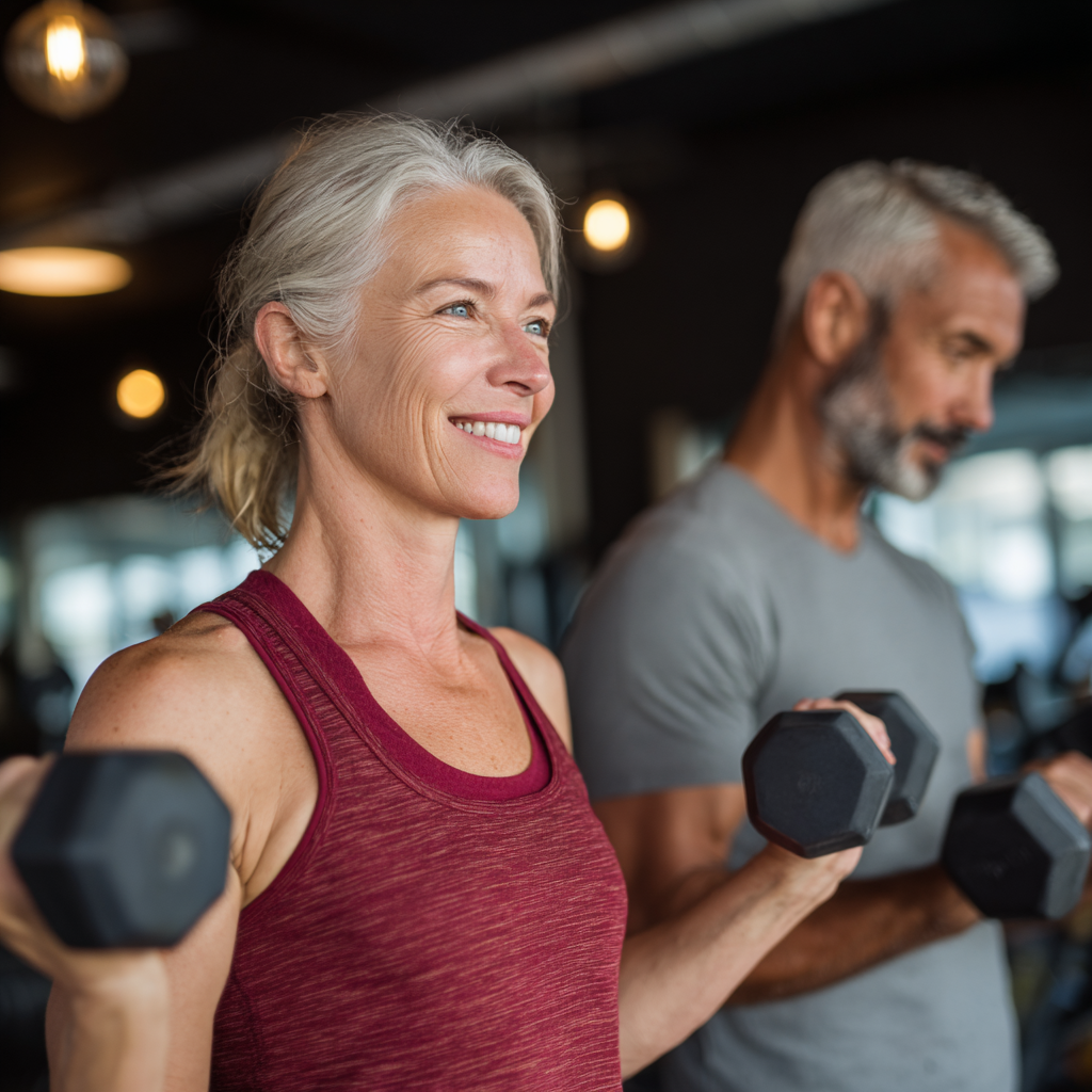 Experienced fitness instructor working with mature adult in comfortable gym environment