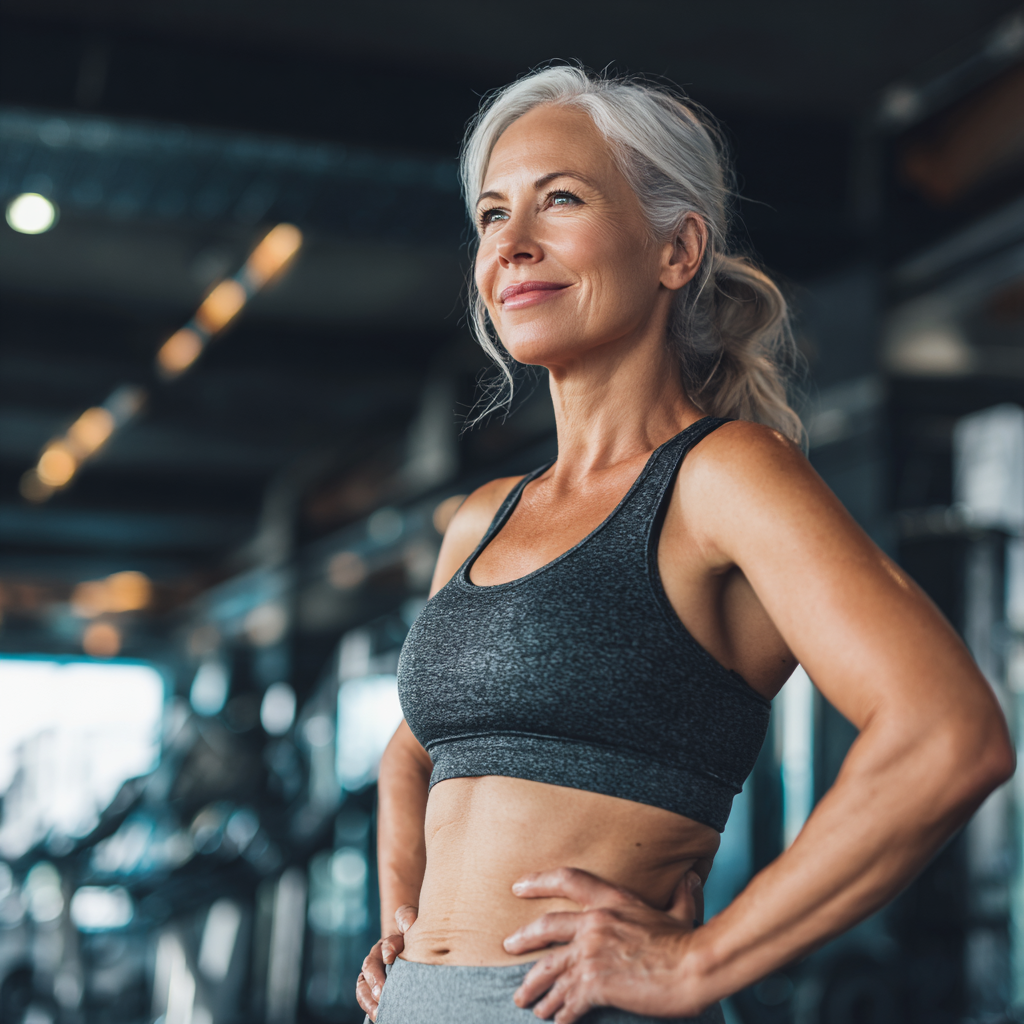 Middle-aged woman showing fitness progress in modern gym environment
